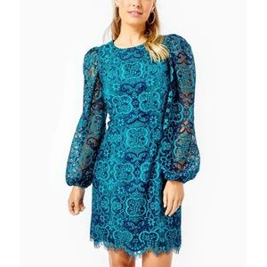 NWT Lilly Pulitzer Georgi Dress in Valencia Teal Two Tone Carnival Lace
